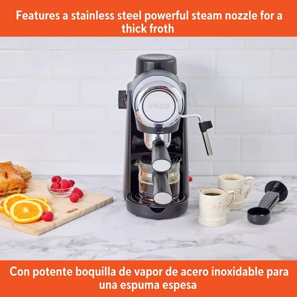IMUSA 4-Cup Black Espresso Machine with Milk Frother GAU-18217