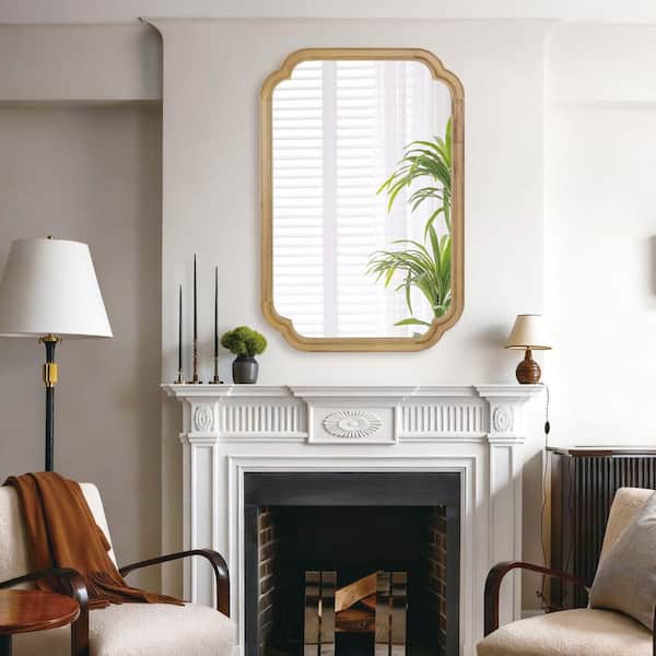 Natural Wood 24 in. W x 36 in. H Framed Round Corner Wall Mirror, Bathroom Makeup Vanity Mirror, Decor Accent Mirror