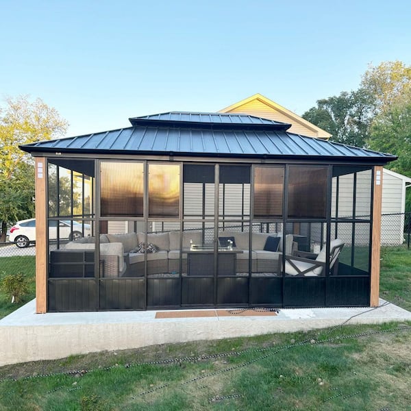 12 ft. X 16 ft. Sunroom Hardtop Gazebo Solarium Galvanized Steel Double Roof Aluminum Screen House Patio Backyard Brown