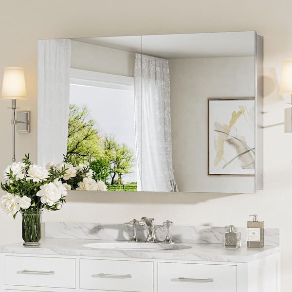 KeonJinn 36 in. W x 24 in. H Rectangular Frameless Aluminum Silver Recessed or Surface Mount Medicine Cabinet with Mirror