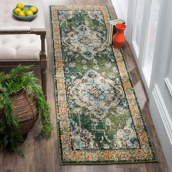 Monaco 2 ft. x 20 ft. Forest Green/Light Blue Border Runner Rug