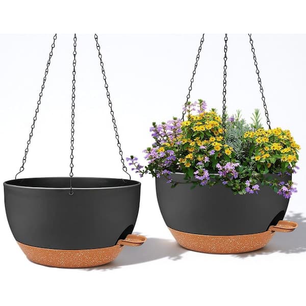 Plastic Planter (12 in. W x 6.9 in. H) Black Brown Hanging Indoor/Outdoor with Chains Self Watering Hanging Pots-2 Pack