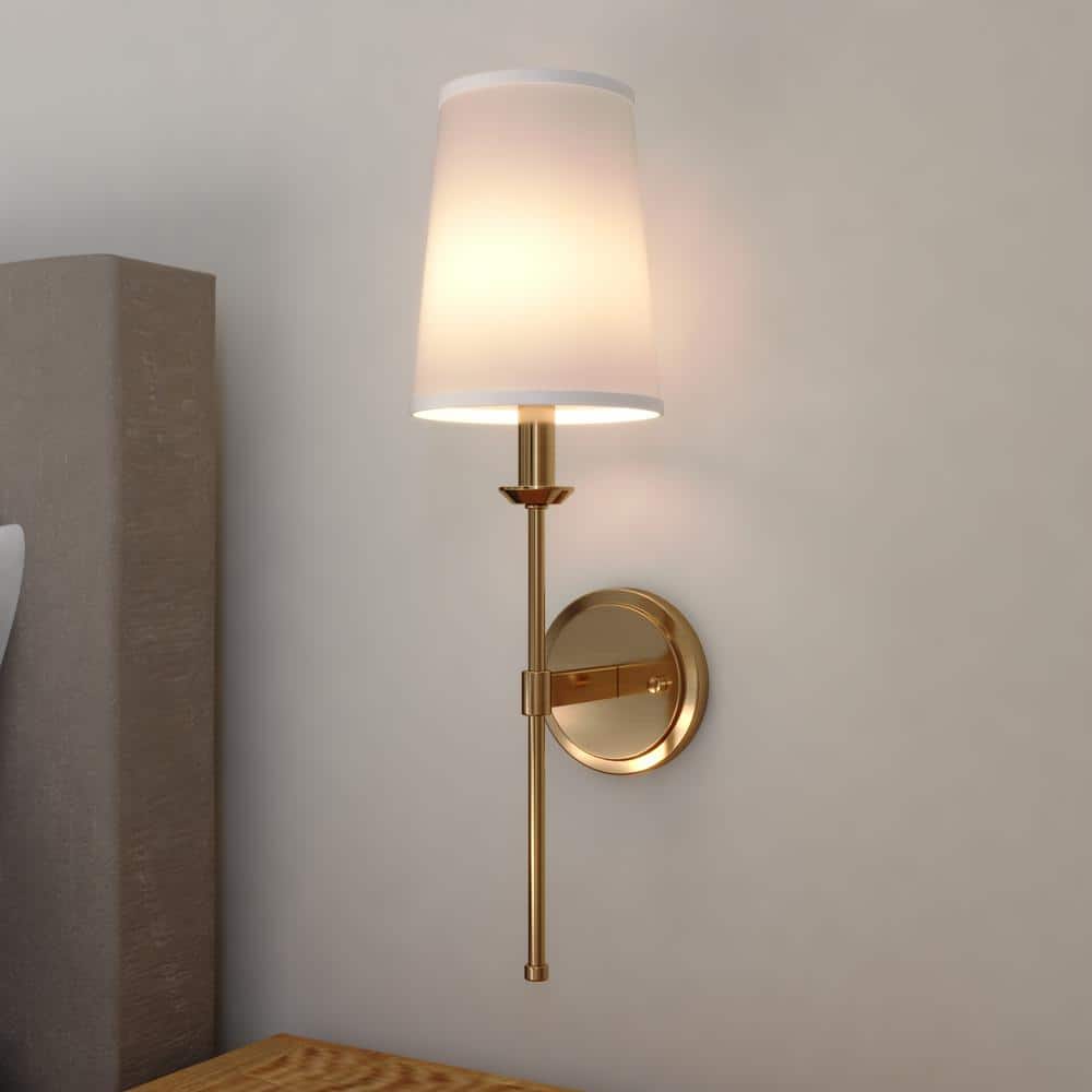 Camden Brass Gold Wall Sconce with White Linen Shade