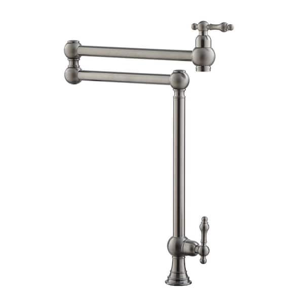 Residential Deck Mount Folding Pot Filler Kitchen Faucet with Extended Swinging Joints and Dual Handle in Brushed Nickel