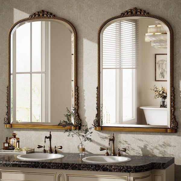 XRAMFY Antique Gold 28 in. W x 40 in. H Arched Modern Polyurethane