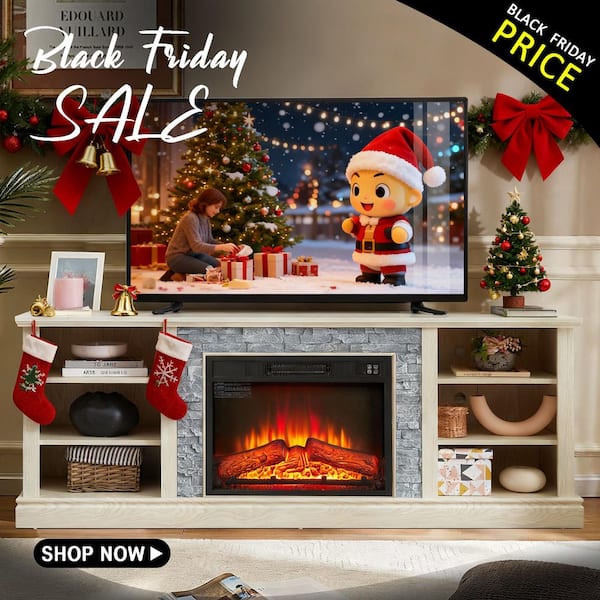 70 in. W Freestanding Wooden with Faux Stacked Stone Surround Large Electric Fireplace TV Stand in White