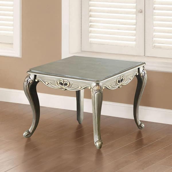 Furniture of America Hencet 27.5 in. Champagne Rectangle Wood End Table with Cabriole Legs and Gold Highlights
