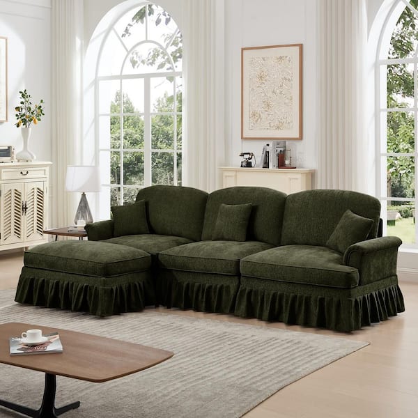 Phoebe 107.1 in. Flared Arms Chenille L-Shaped Sectional Sofa in Green, Removable Ruffles Pleats Skirts, 1 Ottoman