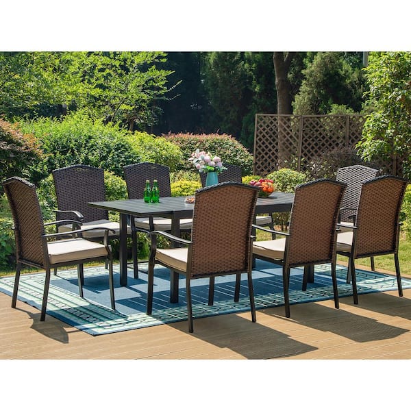 PHI VILLA Black 9-Piece Metal Patio Outdoor Dining Set with Extendable Table and Rattan Chairs with Beige Cushion