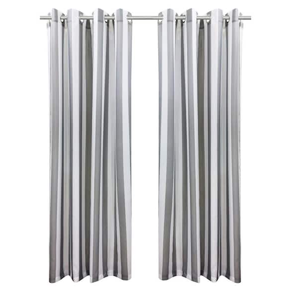Unbranded Seascapes Stripe 50 in. W x 96 in. L Light Filtering Grommet Indoor/Outdoor Curtain Panel Pair in Alloy Grey