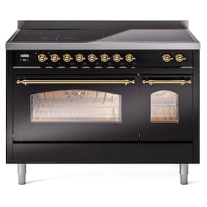 Nostalgie 48 in. 6 Zone Freestanding Double Oven Induction Range in Glossy Black with Brass Trim