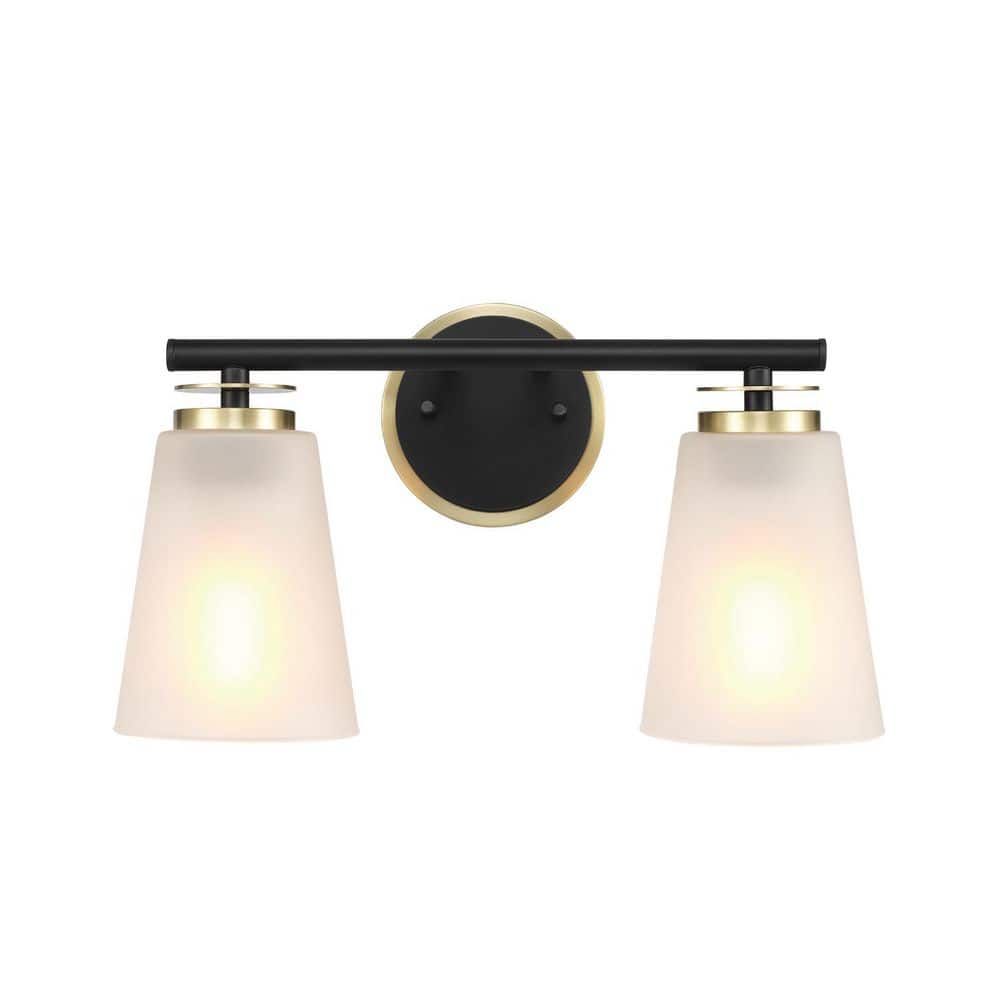 Marnie 15 in. 2-Light Matte Black Vanity Light with Frosted Glass Shades and Matte Brass Accents price history on PriceWatchPro