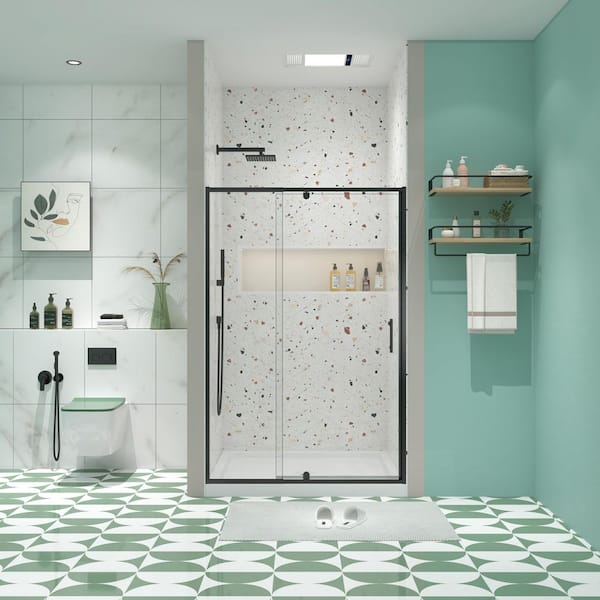 Pilas 60 in. W x 71 in. H Pivot Framed Shower Door in Black with 1/4 in. (6 mm) Clear Glass