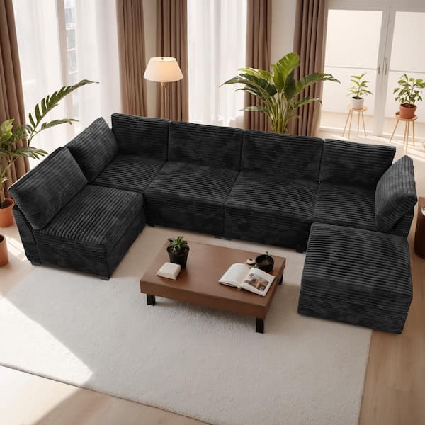 Allwex 130 in. Square Arm Modern 6-Piece Plush Corduroy L-Shape Free Combination Modular Sectional Sofa in Black with Ottoman