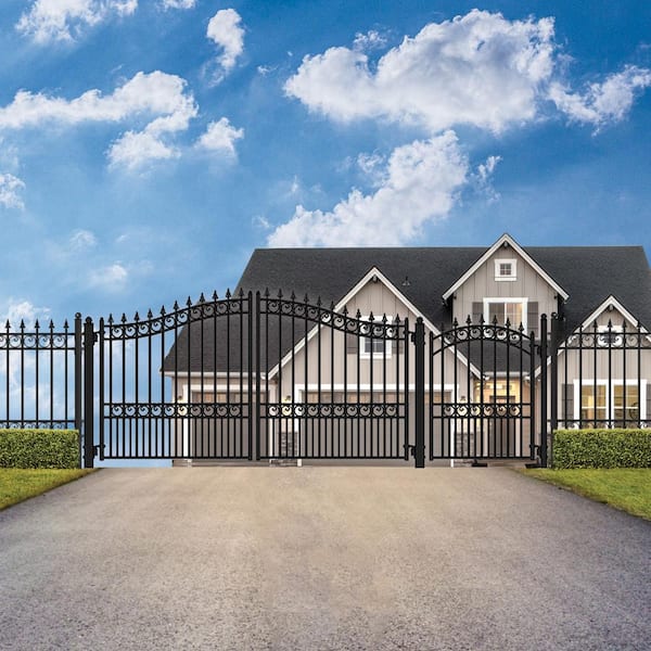 ALEKO London Style 16 ft. x 6 ft. with Pedestrian Gate Black Steel Swing Dual Driveway Fence Gate