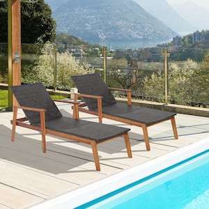 2-Piece  Adjustable Patio Rattan Lounge Chair Recliner Outdoor Chaise Acacia Wood Frame