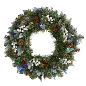 24 in. Pre-Lit Snow Tipped Artificial Christmas Wreath with 50 Multi-Colored LED Lights White Berries and Pine Cones