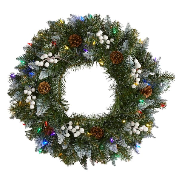 Nearly Natural 24 in. Pre-Lit Snow Tipped Artificial Christmas Wreath with 50 Multi-Colored LED Lights White Berries and Pine Cones