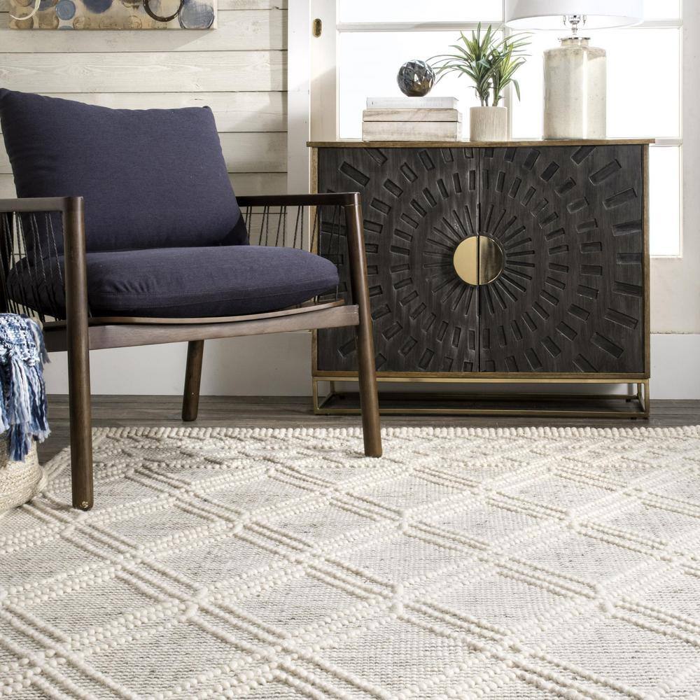 Handmade Beige Wool Trellis Tufted Rectangular Rug