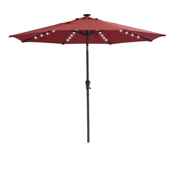 Unbranded 9 ft. Patio Market Red Umbrella Solar Powered LED Lighted With Tilt And Crank