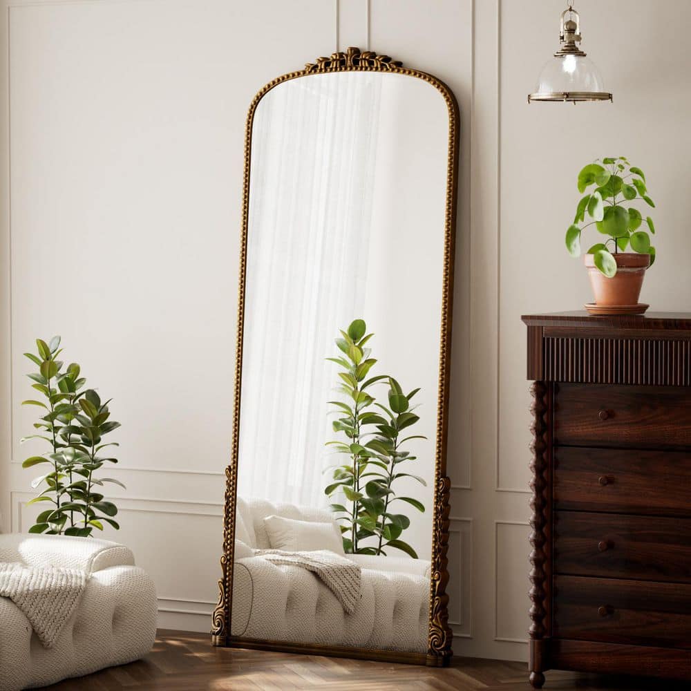 XRAMFY Antique Gold 28 in. W x 69 in. H Carved Arched PU Frame Full Length Floor Mirror FMPUAC022869GD