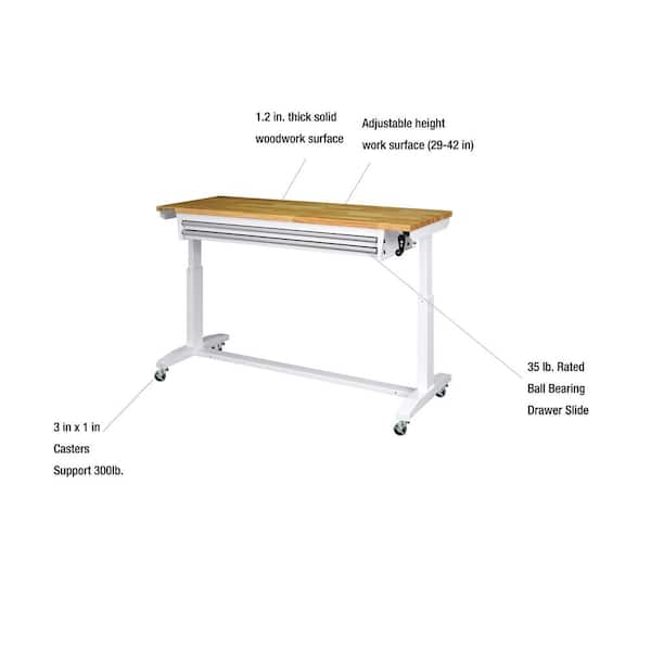 52 in. W x 24 in. D 2-Drawer Adjustable Height White Workbench Table with Solid Wood Top