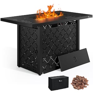 43 in. 50000 BTU Outdoor Patio Deck Garden Backyard Gas Fire Pit with Ignition Systems, Iron Tabletop, Lava Rock, Lid