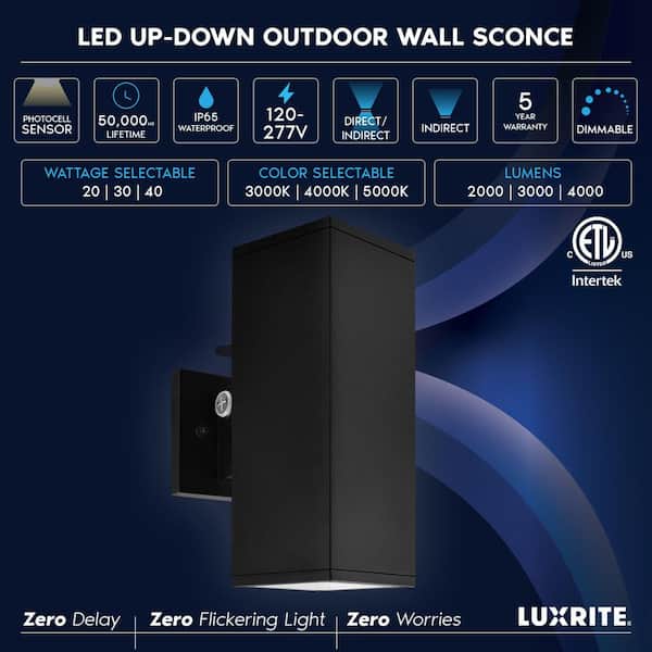 12 in. Black Dusk to Dawn LED Outdoor Hardwired Wall Lantern Sconce 3CCT 20/30/40W Dimmable IP65 ETL