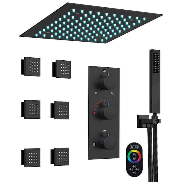 Full Spectrum LED 12 in. Triple Handle 5-Spray Ceiling Mount Shower Faucet 2.5 GPM with Body Spray in Matte Black