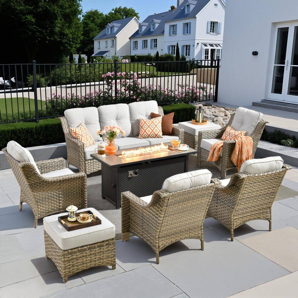 Eureka 8-Piece Wicker Outdoor Fire Pit Patio Conversation Sofa Chairs Set with Ottomans and Light Gray Cushions price history on PriceWatchPro