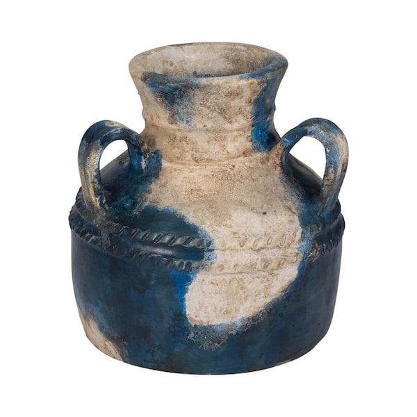 Liv & Skye 12 in. Blue/Ivory Terra Cotta Amphora Decorative Vase