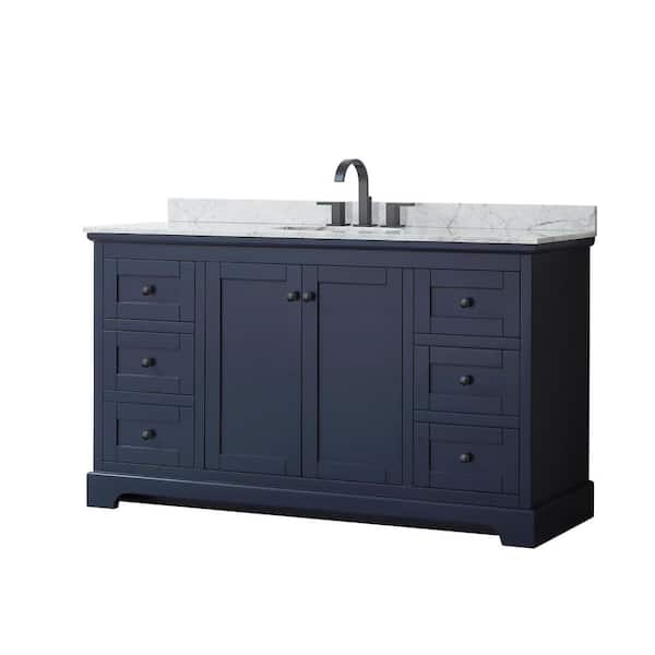 Wyndham Collection Avery 60 in. W x 22 in. D x 35 in. H Single Bath Vanity in Dark Blue with White Carrara Marble Top