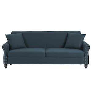 73.3 in. Dark Blue Linen Upholstered Rolled Arm 2-Seater Loveseat Sofa with Wood Legs