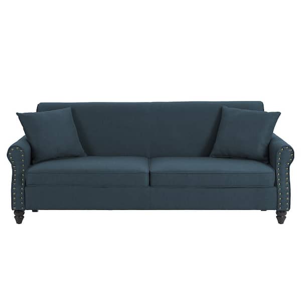Uixe 73.3 in. Dark Blue Linen Upholstered Rolled Arm 2-Seater Loveseat Sofa with Wood Legs