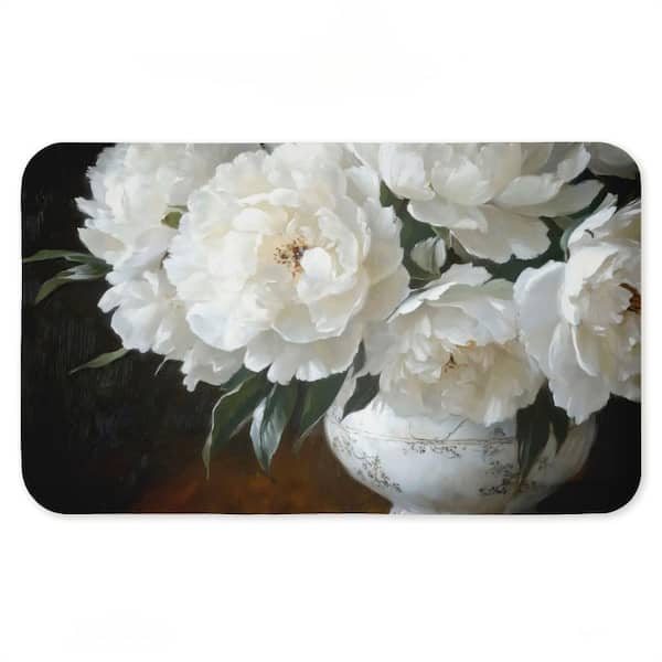 White Flowers in China Vase Printed Anti-Fatigue Floor Mat, design by Petals Prints Design