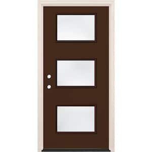 36 in. x 80 in. Right-Hand/Inswing 3-Lite Clear Glass Chestnut Painted Fiberglass Prehung Front Door w/6-9/16 in. Frame