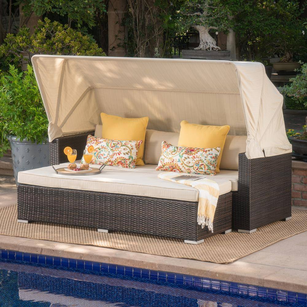 2-Piece Wicker Outdoor Sofa Sectional Set with Beige Cushions and Canopy