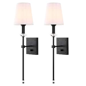 Set of 2, with Oval Crystal & White Fabric Shade in Black Wall Sconce