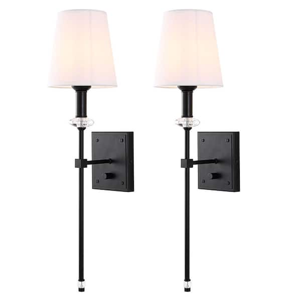 WINGBO Set of 2, with Oval Crystal & White Fabric Shade in Black Wall Sconce