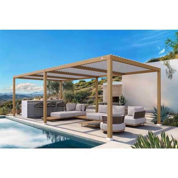 11.7 ft. x 28.1 ft. Wood Grain Aluminum Outdoor Louvered Pergola with 4-Individual Adjustable Roofs and In-Built Gutter