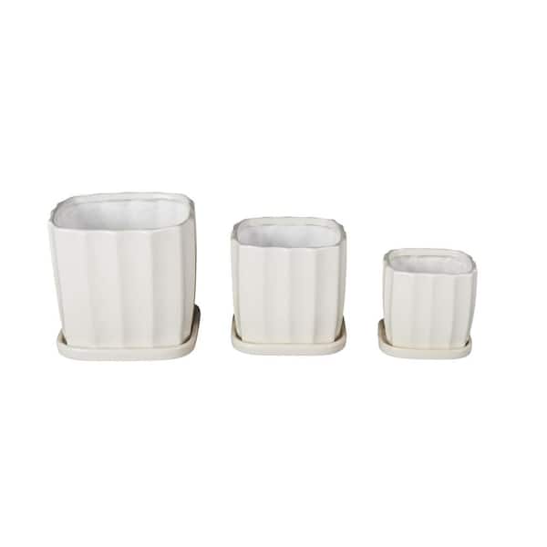 Litton Lane 7 in., 6 in., and 5 in. Small White Ceramic Ribbed Planter with Attached Saucer (3- Pack)
