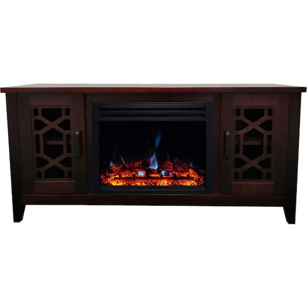 Hanover Arcadia Mid-Century 55.9 in. W Freestanding Electric Fireplace TV Stand in Mahogany with Multi-Color Deep Log Insert