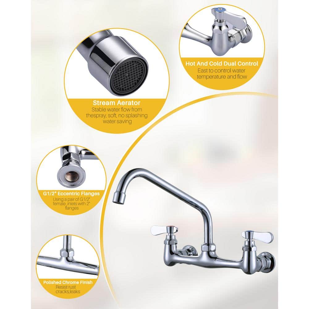 Polished Chrome Dual Handle Wall-Mount Kitchen Faucet