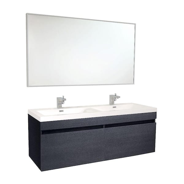Fresca Largo 57 in. Double Vanity in Black with Acrylic Vanity Top in White with White Basins and Mirror