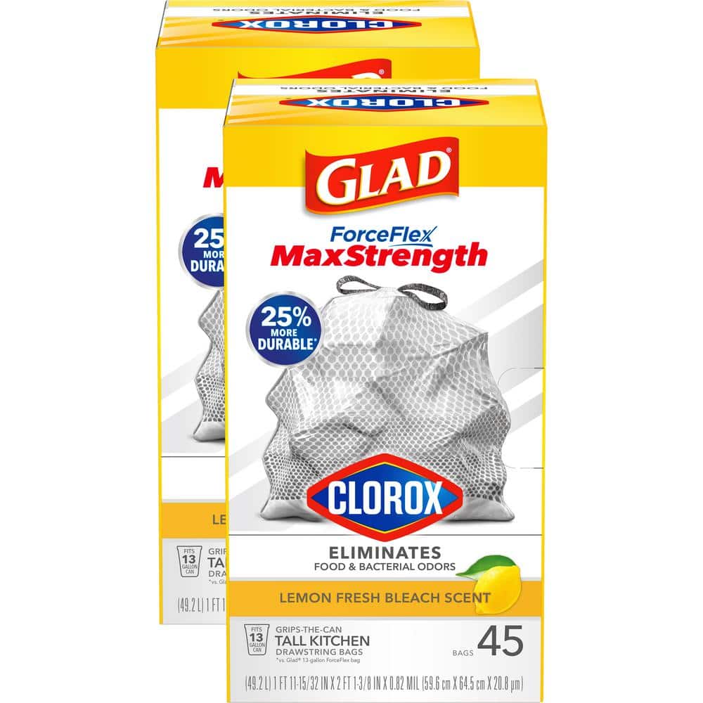 Glad ForceFlex MaxStrength 13 gal. Lemon Fresh Bleach Scent Grey Kitchen Drawstring Trash Bags with Clorox (45-Count, 2-Pack)