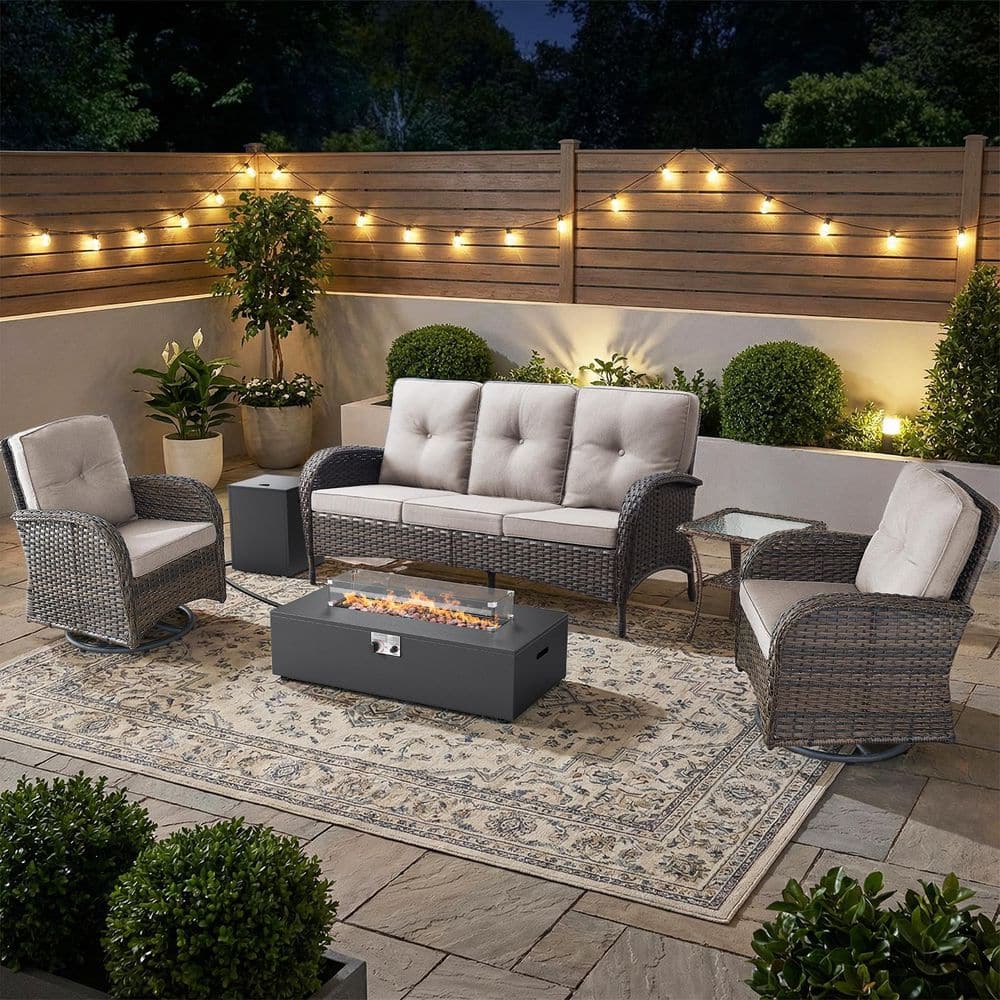 SleekArm 6-Piece Brown Wicker Fire Pit Conversation Set with Olefin Beige Cushions and Couch/ Patio Swivel Chairs price history on PriceWatchPro