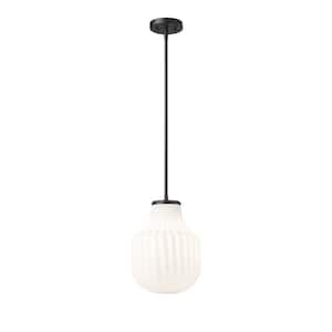 Newbury 60-Watt 1-Light Matte Black Pendant-Light with White Opal Glass shade, no bulbs included