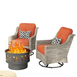 Eureka Gray 3-Piece Wicker Patio Conversation Swivel Chair Set with a Wood-Burning Fire Pit and Red Cushions