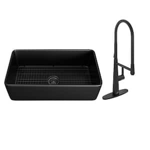 Black Fireclay 33 in. Single Bowl Farmhouse Apron Kitchen Sink with Sprayer Kitchen Faucet and Accessories