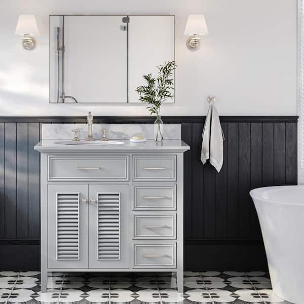 ARIEL Kensington 37 in. W x 22 in. D x 35.25 in. H Freestanding Bath Single Sink Vanity in Grey with White Marble Top